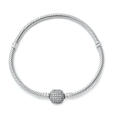 Sterling Silver Oxidized And Polished Pave Barrel Clear CZ Bracelet
