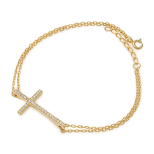 Load image into Gallery viewer, Sterling Silver Gold Plated Cross CZ Bracelet