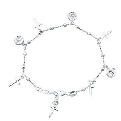 Sterling Silver Rosary with Hanging Cross Bracelet