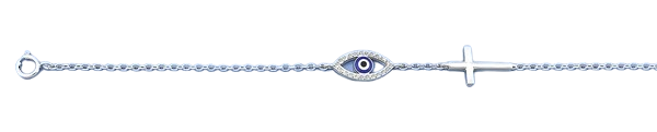 Sterling Silver Rhodium Plated Clear CZ Evil Eye and Bracelet,Charm Height: 6.3mm,Length: 6.5 + 1 Inches