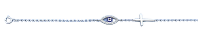 Sterling Silver Rhodium Plated Clear CZ Evil Eye and Bracelet,Charm Height: 6.3mm,Length: 6.5 + 1 Inches
