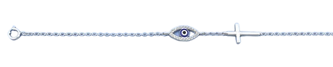 Sterling Silver Rhodium Plated Clear CZ Evil Eye and Bracelet,Charm Height: 6.3mm,Length: 6.5 + 1 Inches