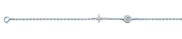 Sterling Silver Rhodium Plated Clear CZ Evil Eye and Cross CZ Bracelet,Charm Height: 6 mm,Length: 6.5 + 1 Inches