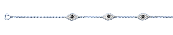 Sterling Silver Rhodium Plated Black CZ  and Clear CZ Evil Eye Bracelet,Charm Height: 5mm,Length: 6.5 + 1 Inches