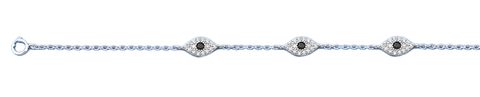 Sterling Silver Rhodium Plated Black CZ  and Clear CZ Evil Eye Bracelet,Charm Height: 5mm,Length: 6.5 + 1 Inches