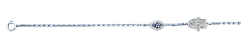 Sterling Silver Rhodium Plated Hamsa And Evil Eye Clear CZ Bracelet