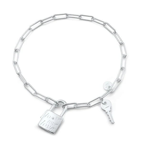 Sterling Silver Rhodium Plated Love Lock And Key Bracelet