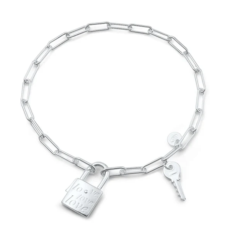 Sterling Silver Rhodium Plated Love Lock And Key Bracelet