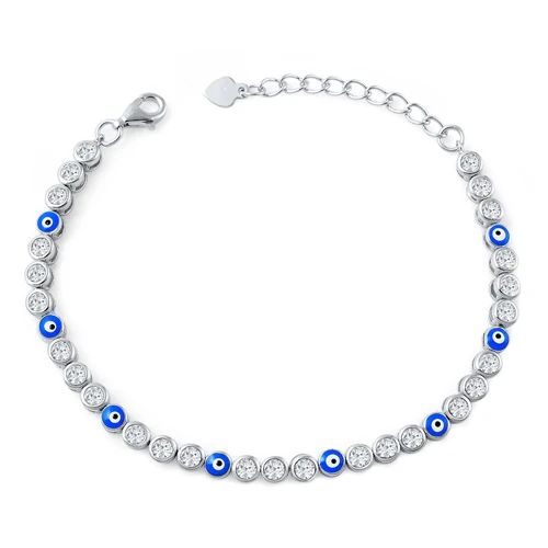 Sterling Silver Rhodium Plated Round Evil Eye Clear CZ Bracelet