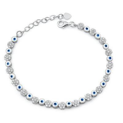 Sterling Silver Rhodium Plated Clear CZ Evil Eye Bracelet