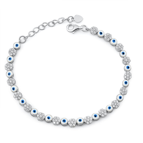 Sterling Silver Rhodium Plated Clear CZ Evil Eye Bracelet