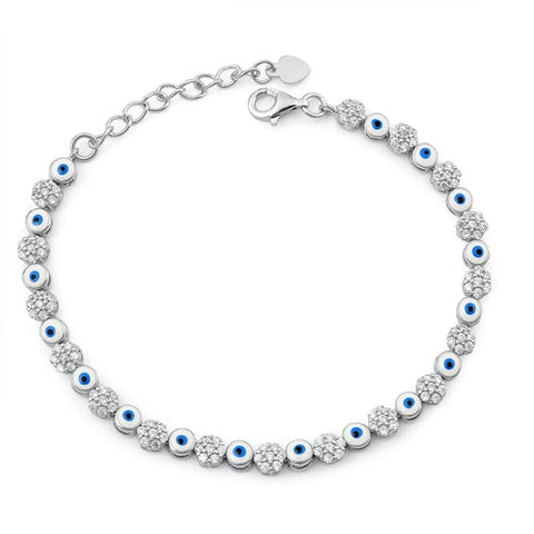 Sterling Silver Rhodium Plated Clear CZ Evil Eye Bracelet