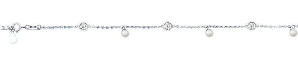Sterling Silver Polished Clear CZ And Pearl Bracelet