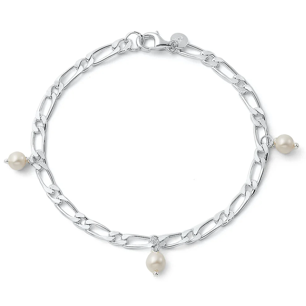 Sterling Silver Polished Figaro Pearl Charm Bracelet