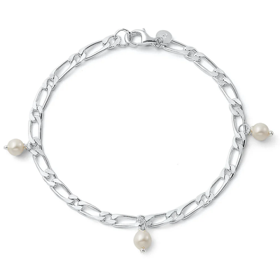 Sterling Silver Polished Figaro Pearl Charm Bracelet