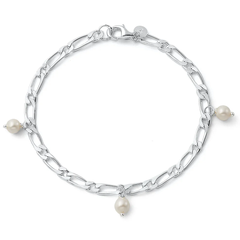 Sterling Silver Polished Figaro Pearl Charm Bracelet