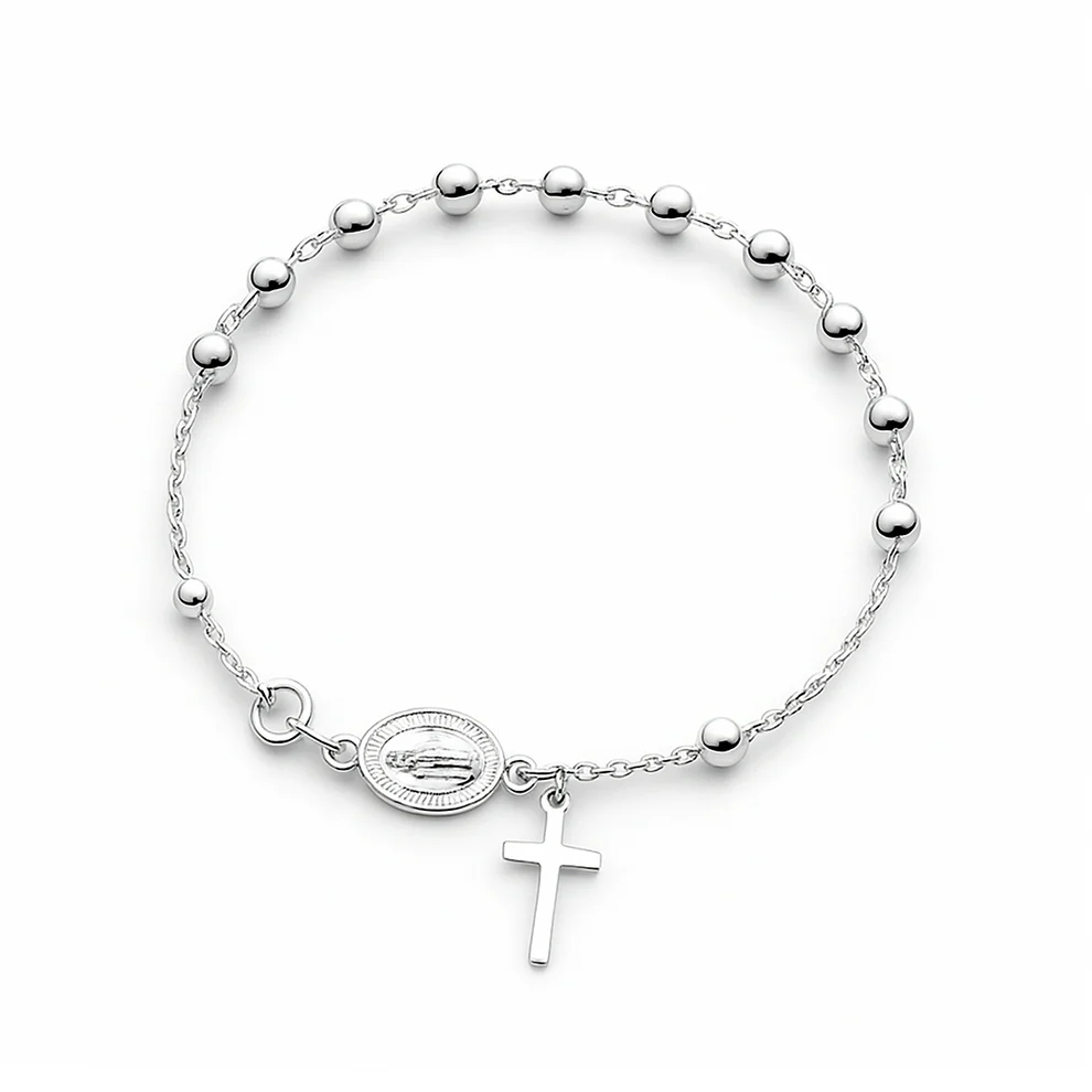Sterling Silver Polished 4mm Rosary Bracelet, Cross 12mm