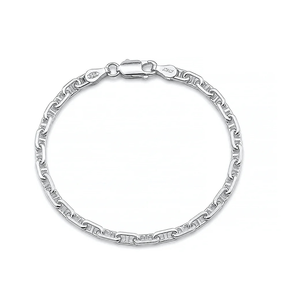 Sterling Silver Polished And Anti Tarnish Beveled Mariner Anchor Chain Bracelet