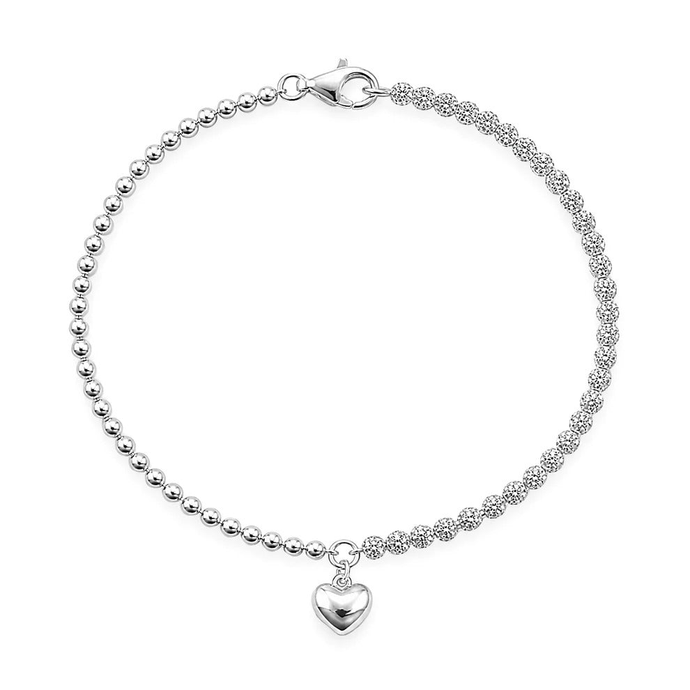 Sterling Silver Anti Tarnish 200-2mm Clear CZ Heart And Beaded Bracelet
