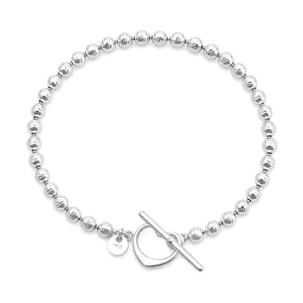 Sterling Silver Diamond Cut Heart Bead Toggle Bracelet