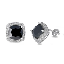 Load image into Gallery viewer, Sterling Silver Clear CZ And Prong Set Radiant Cut Black CZ Push Back Stud Earrings