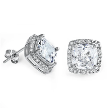 Load image into Gallery viewer, Sterling Silver Clear CZ And Prong Set Radiant Cut Push Back Stud Earrings
