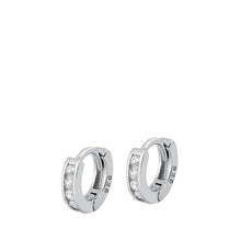 Load image into Gallery viewer, Sterling Silver Rhodium Plated 1.5mm Invisible Round Huggie Clear CZ Earrings-10mm