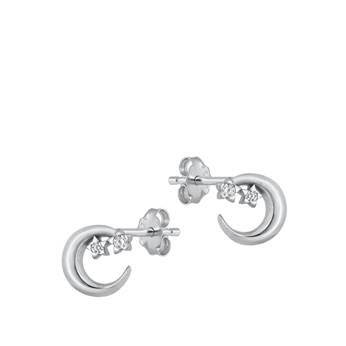 Sterling Silver Rhodium Plated Clear CZ Crescent Moon And Stars Earrings
