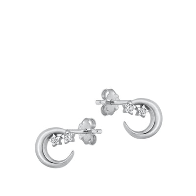 Sterling Silver Rhodium Plated Clear CZ Crescent Moon And Stars Earrings
