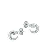 Sterling Silver Rhodium Plated Clear CZ Crescent Moon And Stars Earrings