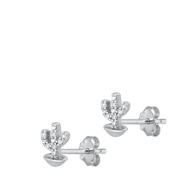 Sterling Silver Rhodium Plated Clear CZ Cactus Earrings