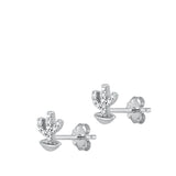 Sterling Silver Rhodium Plated Clear CZ Cactus Earrings