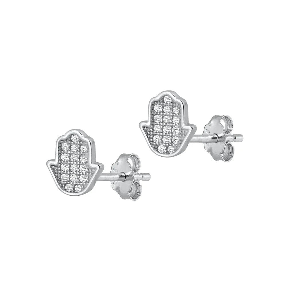 Sterling Silver Rhodium Plated Hamsa Clear CZ Earrings