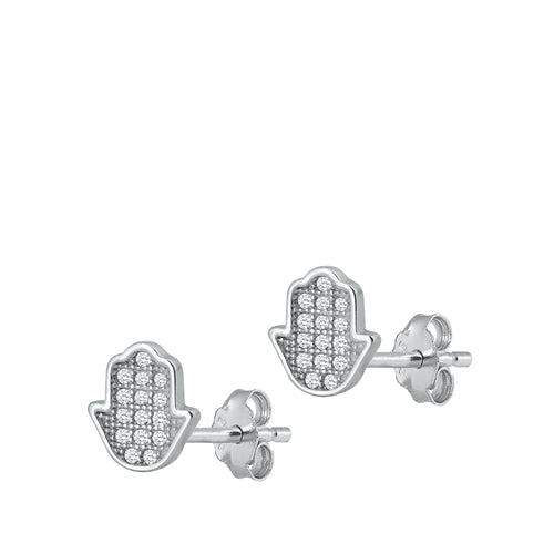 Sterling Silver Rhodium Plated Hamsa Clear CZ Earrings