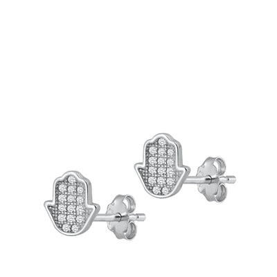 Sterling Silver Rhodium Plated Hamsa Clear CZ Earrings