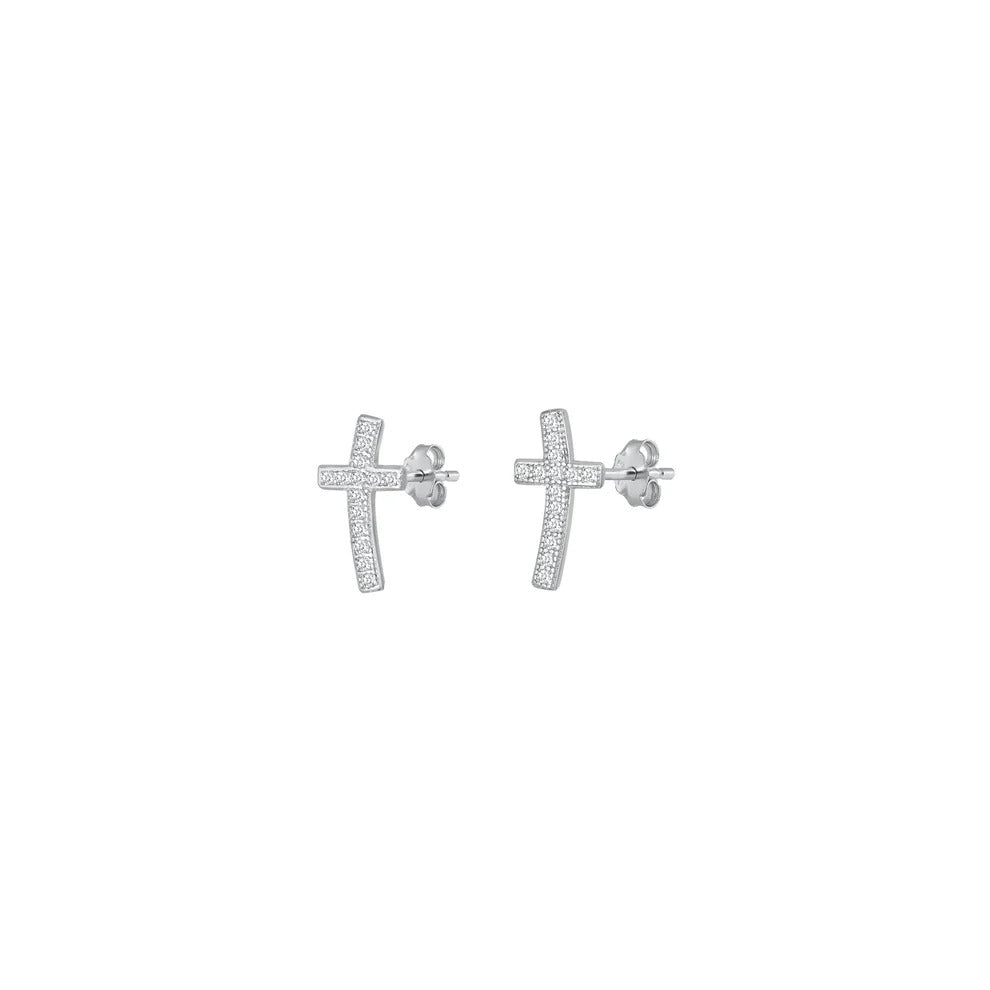 Sterling Silver Rhodium Plated Clear CZ Cross Earrings