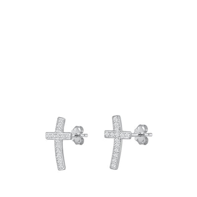 Sterling Silver Rhodium Plated Cross Clear CZ Earrings