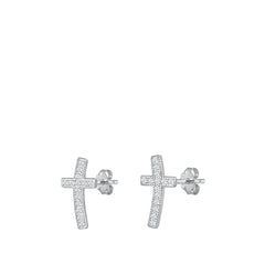 Sterling Silver Rhodium Plated Cross Clear CZ Earrings
