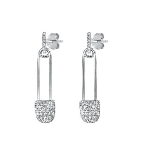 Sterling Silver Rhodium Plated Clear CZ Safety Pin Earrings