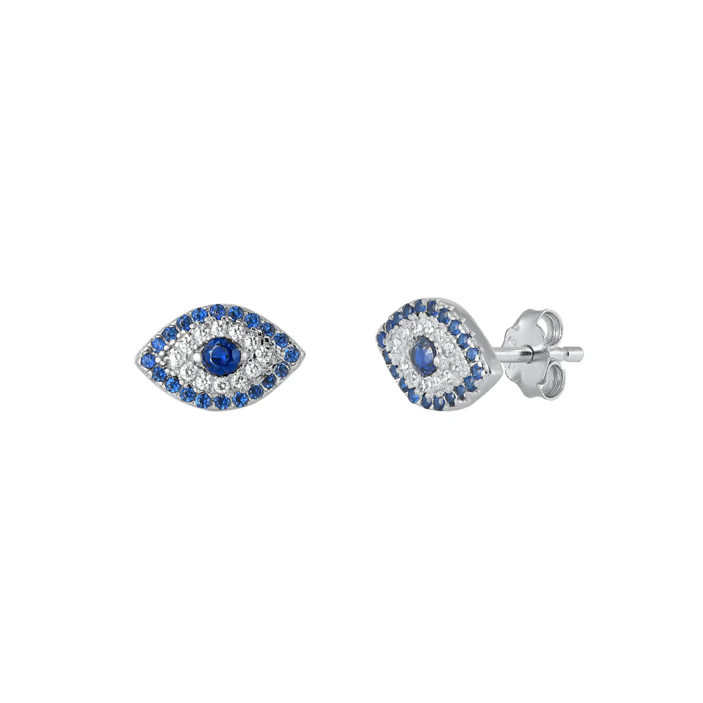 Sterling Silver Rhodium Plated All Seeing Eye Blue And Clear CZ Earrings