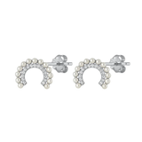 Sterling Silver Rhodium Plated Half Ring Pearl And Clear CZ Earrings