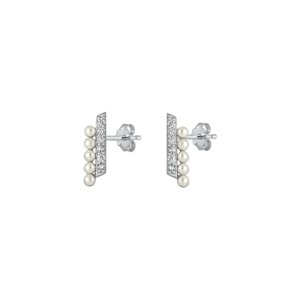 Sterling Silver Rhodium Plated Pearl And Clear CZ Earrings