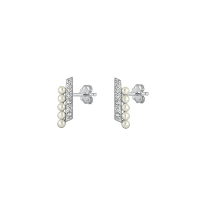 Sterling Silver Rhodium Plated Clear CZ And Pearl Earrings