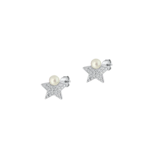 Load image into Gallery viewer, Sterling Silver Oxidized Star Clear CZ And Pearl Earrings