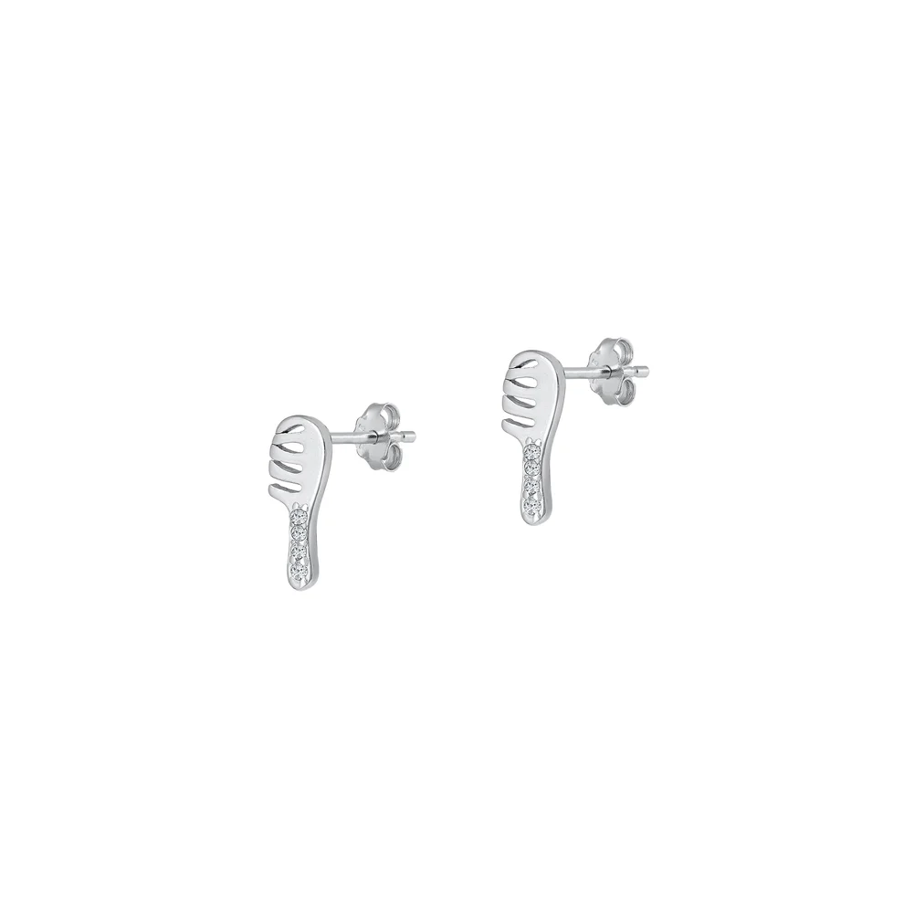 Sterling Silver Rhodium Plated Hair Brush Clear CZ Earrings