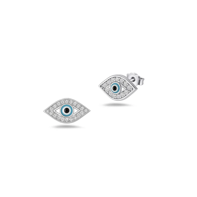 Sterling Silver Rhodium Plated Clear CZ Evil Eye Earrings