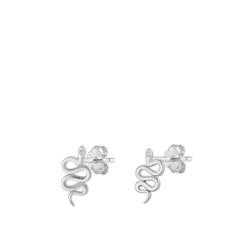 Sterling Silver Rhodium Plated Clear CZ Snake Earrings