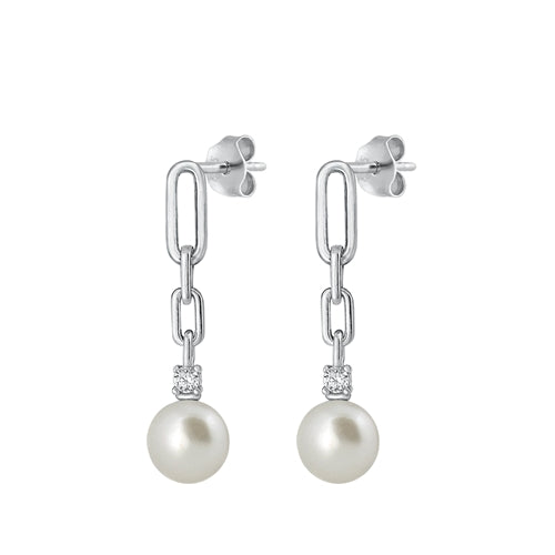 Sterling Silver Rhodium Plated 31.9mm Pearl And Clear CZ Earrings