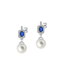 Load image into Gallery viewer, Sterling Silver Rhodium Plated Pearl Blue And Clear CZ Earrings