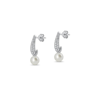 Sterling Silver Rhodium Plated Pearl And Clear CZ Earrings